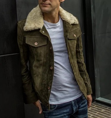 Green Leather Trucker Jacket for Men Pure Suede Fur Collar Custom Made S M - 279