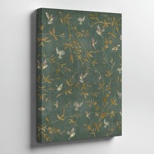 Vintage Canvas Wall Art With Birds And Botanical Branches On Green Background