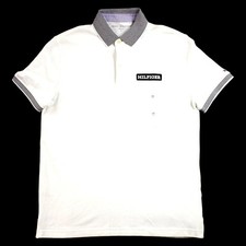 Tommy Hilfiger Polo Shirt Mens M White Striped Collar Logo Short Sleeve 70 NEW