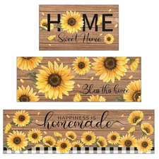 Kitchen Rugs Sets of 3 Piece with Runner, Farmhouse Rustic Plaid Sunflower