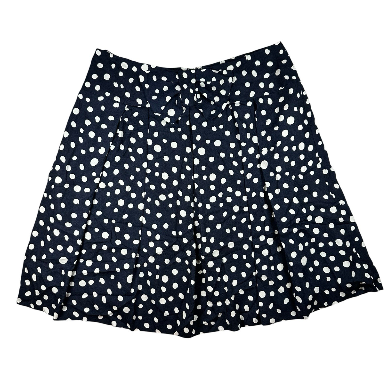 Navy Blue Polka Dot A-Line Skirt Bow Front Lined Pleated Retro Size 12