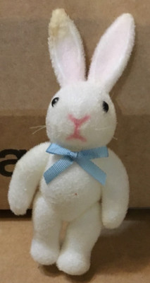 4 1/2  Mini Felted White Bunny with Blue Bow, Posable Arms & Legs