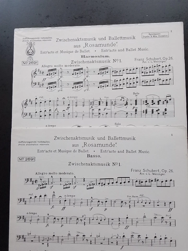 PARTITION ANCIENNE - SCHUBERT - ROSAMUNDE op 26 pour HARMONIUM et BASSE - RARE - Photo 1/1