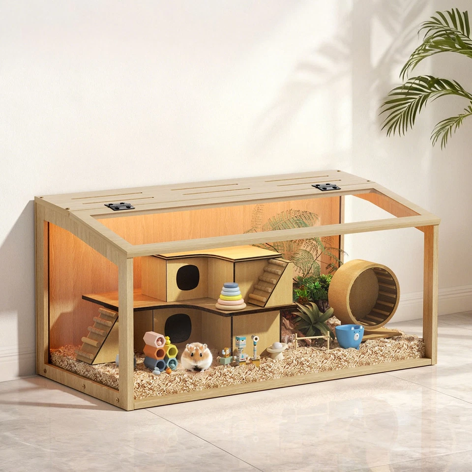 Large Hamster Cage Mice and Rat House Habitat Chinchillas Clear Cage with Lights - Image 1 of 4