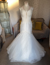Stella York 6888 White Lace Mermaid Wedding Dress Size 14 Plunge Beaded