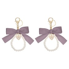 2Pcs Ribbon Bow Keychain Pearl Wristlet Keychain Heart Pendant Purple