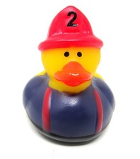 Fireman Rubber Duck 2in Red Helmet Purple Shirt Squirter 1st Responder Toy n