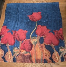 Pre-loved Multicolor Red Tulip Design Polyester Scarf 32" 72" One Size