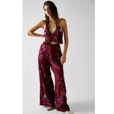 New Free People FP x Anna Sui Poppy Embroidered Pants Set $298 SIZE 2 Wine Silky