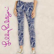 Lilly Pulitzer Blue White Floral Skinny Slim Pants w/ Pockets Button Zip