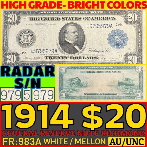 1914 $20 FEDERAL RESERVE NOTE RICHMOND FR#983A RADAR S/N High Grade Fancy SN Unc - Picture 14 of 16