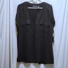 INC International Concepts Woman Black Half Button S/S V-Neck Top 3X New