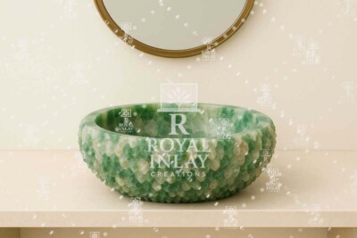 15'' Handcrafted Aventurine & Quartz Stone Sink | Natural Green Gemstone Basin