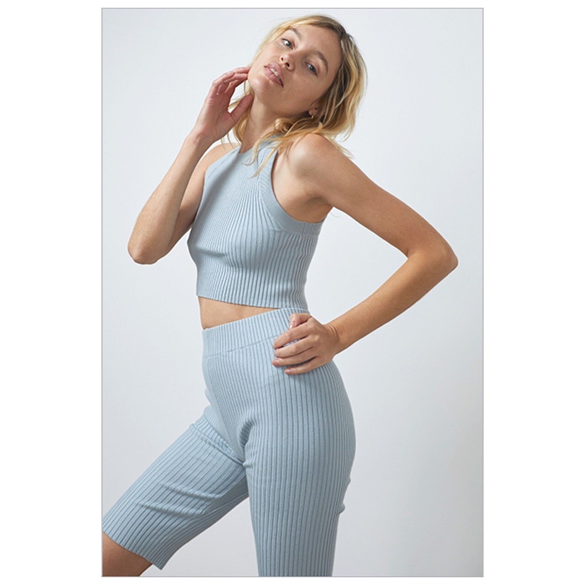 Lunya Ribbed Cozy Cotton Silk Blend Bike Shorts Chilled Blue X