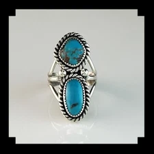Handcrafted Sterling and Kingman Turquoise Double Stone Ring Size 9 1/4