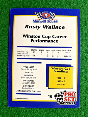 🏁 1992 Pro Set Racing #16 🏁 Rusty Wallace Winston Cup NASCAR