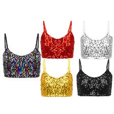Kids Girls Stylish Adjustable Spaghetti Shoulder Straps Shiny Sequins Crop Top