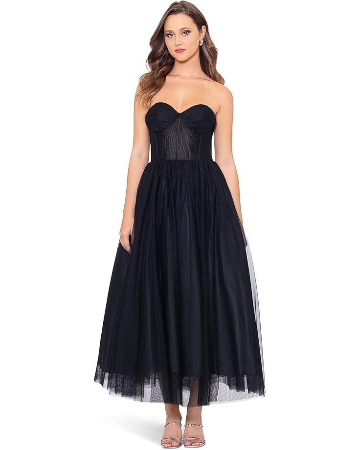Betsy & Adam Bustier Bodice Mesh Gown - Black Betsy & Adam Bustier Bodice Mesh Gown - Black