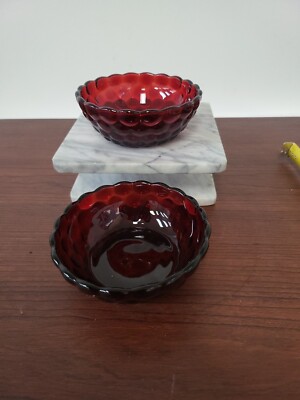 2 Anchor Hocking Royal Ruby Red Bubble Glass Berry Fruit Bowl 4.25''