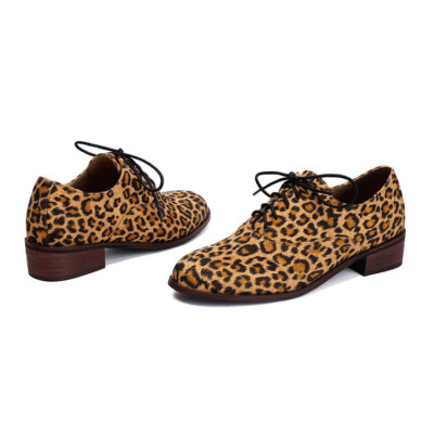 New 2025 Spring Womens Leopard Pattern Shoes Strap Lace Up Low Heel Casual Shoes