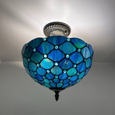 Tiffany Style Ceiling Lights Fixt Blue Stained Glass Crystal Beans 12 W 12 H