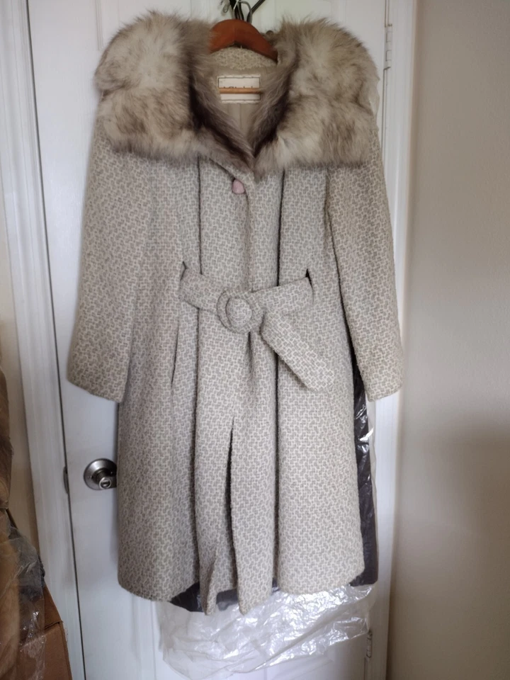 Abrigo de lana Gimbels Pacific tela años 50 con cuello de piel extraíble M-XL Foto 2 de 4