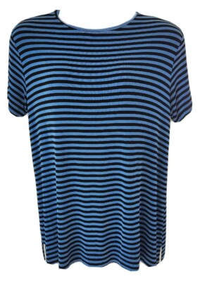 Chicos Private Edition Tunic Sz 3 XL 16 18 Blue Black Stripe Slits Short Sleeves