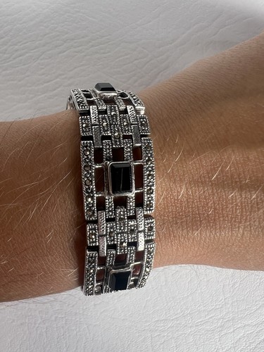 Onyx & Marcasite 925 Sterling Silver Bracelet 7” - Picture 2 of 9