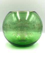 Vase Boule Verre Vert Style Louis XVI Guirlandes Gravé Or Très Bon État
