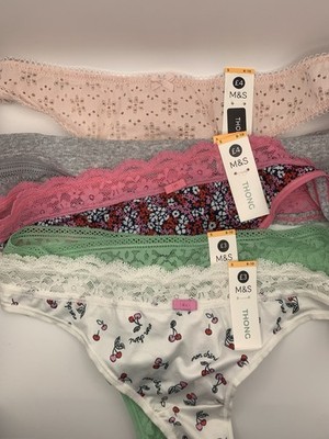 M&S Damen Tanga Paket x5 Paar 8-10 rosa grau salbei weiß Kirsche portofrei