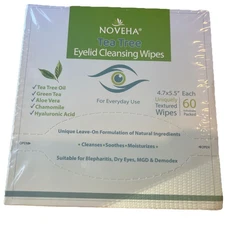 NOVEHA 60PCs Tea Tree Oil Eyelid & Lash Wipes | With Hyaluronic Acid, Green Tea 