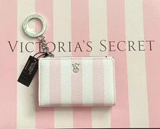 NEW Victoria's Secret Fold Over Zipper Card Case Wallet Iconic Pink Stripe