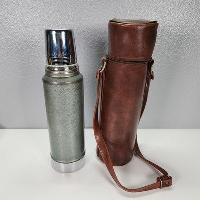 Aladdin Stanley A-944C Quart Green Thermos Bottle + Leather Case Stopper Vintage