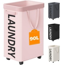 Pink 90L Rolling Laundry Basket Hamper Wheels Removable Mesh Bag Storage