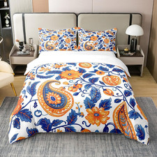 Orange Paisley Cotton Duvet Cover King Size 3 Pcs Bohemian Bedding Set
