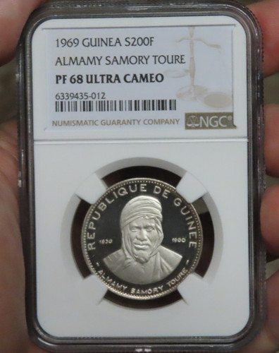 1969 GUINEA 999 SILVER 200 FRANCS ALMANY SAMONY TOURE NGC PF 68 ULTRA CAMEO