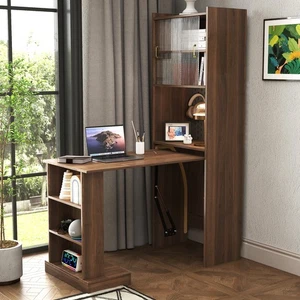 Bureau d'ordinateur pliable convertible avec portes en verre coulissant, étagères ouvertes & Pegboard