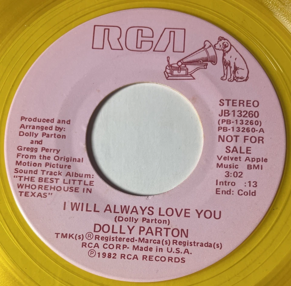 Dolly Parton 1982 Yellow Promo 45 NM RCA JB13260  I Will Always Love You.DJ Copy - Image 2 of 4