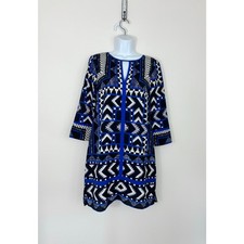 Vince Camuto Dress Size 6 Blue Black White Geometric 3/4 Sleeve 35” Lined