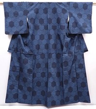 6114T14z710 Vintage Japanese Kimono Silk TSUMUGI Kikko Blue-Gray