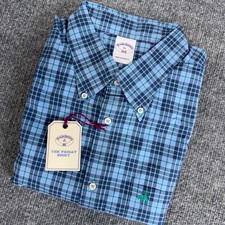 Brooks Brothers Friday Shirt Men XL Blue Tartan Plaid Pocket Logo Long Sleeve