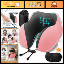 Memory Foam Travel Neck Pillow Set with Eye Mask Earplugs - Pink Airplane Comf
