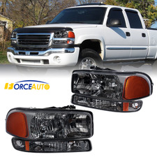 2x Headlights Assy Smoked Lens Bumper Lamps For 1999-07 Gmc Sierra Yukon 1500