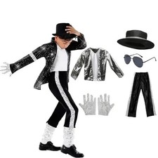 Kids Boys Michael Jackson Billie Jean Cosplay Black Suit Fancy Dress Up Costume