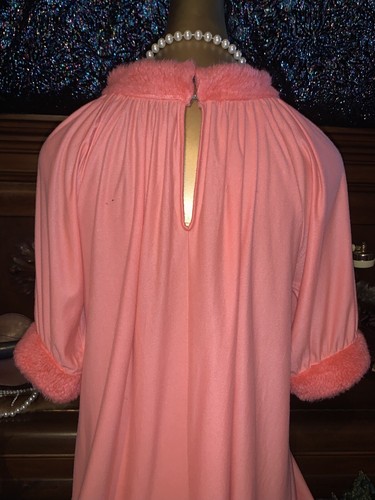 Vintage Neon Satin Sexy Fleece Caftan Lounge Fur Coral Gown Hostess Robe Set S - Picture 6 of 12