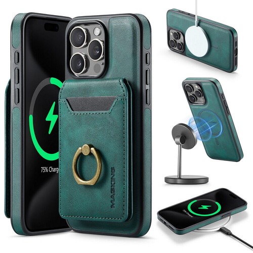 MagSafe Case For iPhone 12 13 14 15 16 with Magnetic Leather Wallet + Metal Ring - Zdjęcie 74 z 149