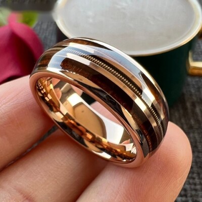 8MM Rose Gold Guitar String Ring for Men Women Real Wood Inlay Tungsten  Ring