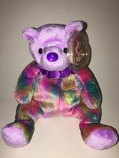 NWT TY FEBRUARY  BIRTHDAY BEANIE BABY BEAR THE BIRTHDAY BEAR PURPLE HEAD RAINBO