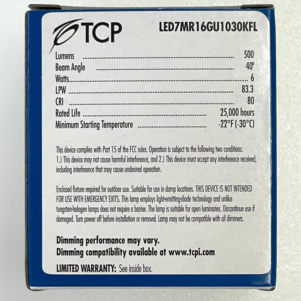 TCP LED7MR16GU1030KFL 6W (50W Equal) MR16 3000K GU10 Dimmable LED Light Bulb - Image 4 of 4