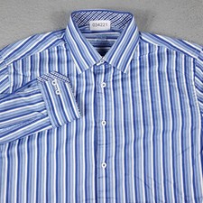 Bugatchi Uomo Shirt Mens 16.5 Blue Striped Dress Button Up Long Sleeve 